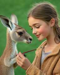 Wall Mural - A girl interacts with a kangaroo. AI.