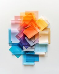 Poster - Creative flat lay of colorful sticky notes home office desk visual arrangement minimalist environment overhead view color gradient concept for enhanced productivity