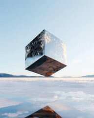 Poster - Floating metallic cube in a foggy white void minimalist design soft shadows surreal environment conceptual art