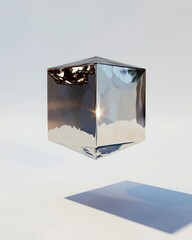 Poster - Floating metallic cube in a foggy white void minimalist visual art soft shadows abstract conceptual scene for modern design