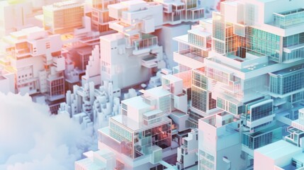 Poster - Exploring fractal urban landscapes recursive building structures in a mathematical city design with soft pastel colors