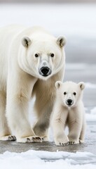 Wall Mural - Adult polar bear and cub walking on ice.