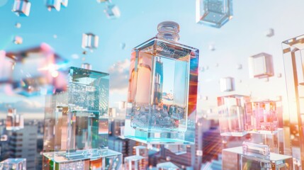 Poster - Exploring geometric city skyline floating modular buildings in a futuristic urban perspective with soft pastel technological colors