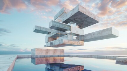 Poster - Exploring impossible architectural geometry floating building fragments in soft gradients urban environment abstract design