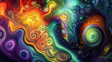 Wall Mural - An abstract, colorful visual of swirling patterns and shapes, resembling a psychedelic