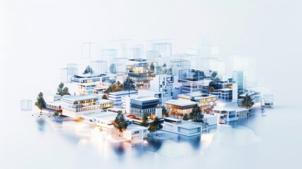 Poster - Visualizing internet of things networks interconnected smart data points in a minimal technological landscape with soft metallic colors