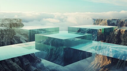 Poster - Floating ground segments and inverted landscapes surreal terrain ethereal environment geometric composition dreamlike viewpoint impossible gravitation concept
