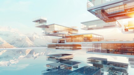 Poster - Exploring levitating architectural complexes transparent floating structures with digital interfaces in a serene natural environment