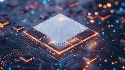 Poster - Exploring minimalist geometric representation of a computer chip surrounded by glowing blue light in a digital environment for technology insights