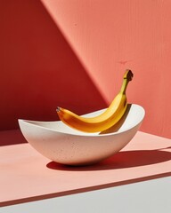 Poster - Minimalist still life of a ripe banana on a smooth pastel pink surface high contrast stock image