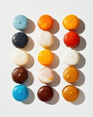 Poster - Captivating topdown shot of colorful macarons on smooth pastel background clean stock photography food styling minimalism aesthetic appeal