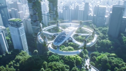 Poster - Transforming urban air mobility modular vehicle design futuristic cityscape digital control interface aerial perspective innovative concepts