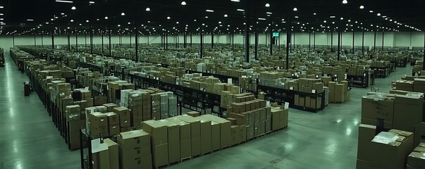 Poster - A vast warehouse filled with neatly stacked boxes on shelves, indicating storage or distribution.