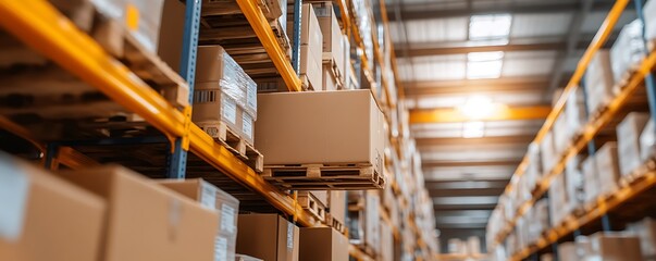 Poster - A warehouse interior with stacked shelves and boxes for storage and logistics.