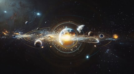 Poster - Visualizing orbital mechanics in cosmic colors astronomical space digital art geometric alignment scientific perspective