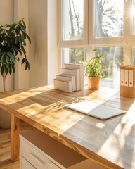 Poster - Organizing space a well-structured desk with white file folders sunlit office minimalistic design inviting atmosphere clean aesthetics for productivity