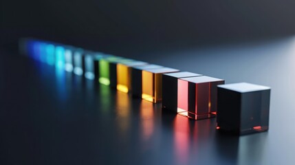 Poster - Artistic display of vibrant gradient-colored cubes on sleek black background aesthetic stock photography modern digital art studio environment straight-on view visual harmony