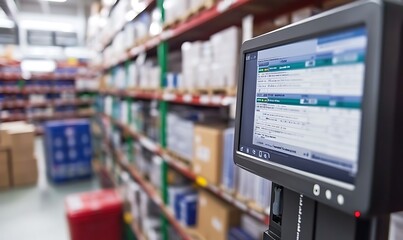 Poster - A warehouse scanner displays inventory data with shelves of boxes in the background.