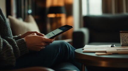 Poster - A person using a tablet while sitting in a cozy living space.