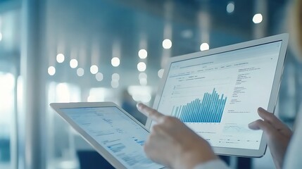 Poster - A person analyzing data on two tablets, showcasing graphs and statistics in a modern setting.