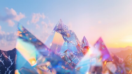 Poster - Exploring a prismatic landscape crystalline terrain surreal environment soft rainbow palette dreamlike viewpoint light manipulation concept