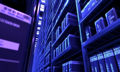 Poster - A blue-lit storage area with shelves filled with boxes, suggesting organization and inventory.