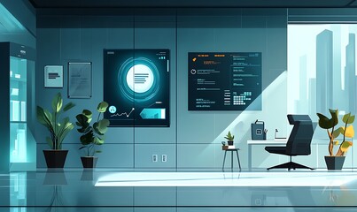 Poster - A modern office space with digital displays and plants, emphasizing technology and productivity.