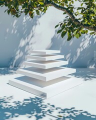 Poster - Creating depth stacked geometric shapes minimalist white surface shadow play abstract environment top-down view modern aesthetic