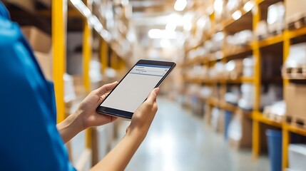 Poster - A person using a tablet in a warehouse filled with boxes, likely for inventory management.