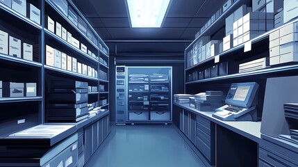 Poster - A modern storage room filled with organized shelves and office equipment.