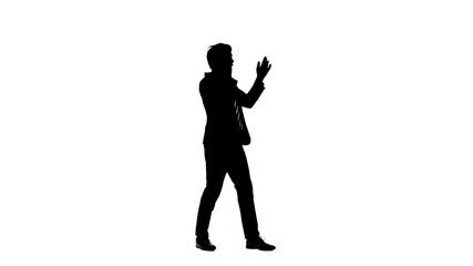 Leinwandbilder - スマホで通話しながらダンスする男性ビジネスパーソンの全身シルエット