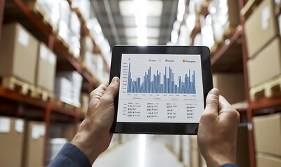 Poster - A person holds a tablet displaying a bar graph in a warehouse setting.