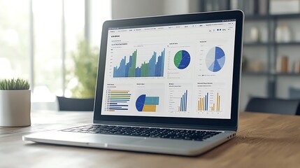 Poster - A laptop displaying various data visualizations and graphs for analysis.