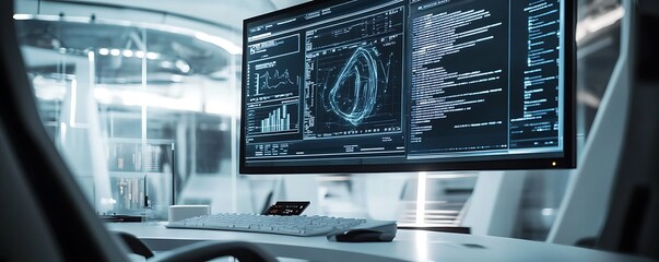 Poster - A modern workspace featuring a large monitor displaying data and analytics.