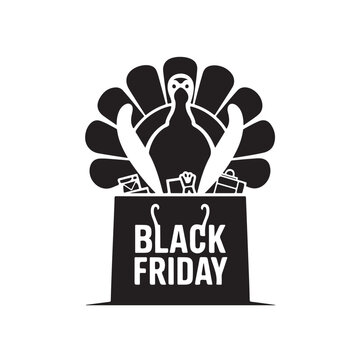  Modern black silhouette logo for Black Friday, modern and minimalist logo, vector silhouette design.  Vector illustration, creative logo, vector icon, Design template for Black Friday with turkey,