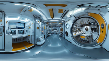 Poster - 360 degree panorama view.A futuristic spaceship lab is shown in a 3D rendering.  It's a panoramic view, like you're standing in the middle of it.