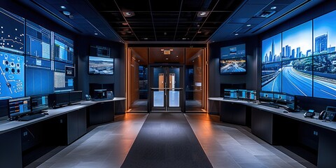 Aufkleber - A modern surveillance room filled with high-tech equipment. In the center, a large control desk holds four wide, high-definition monitors showing different areas of the facility in real-time.