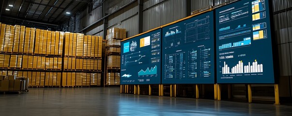 Poster - Warehouse with digital dashboards displaying data and analytics.