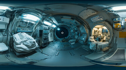 Poster - 360 degree panorama view.a futuristic spaceship lab. the 3d image shows a panoramic view of a dark, 