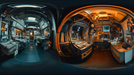 Poster - 360 degree panorama view.a futuristic spaceship lab. the 3d image shows a panoramic view of a dark, 