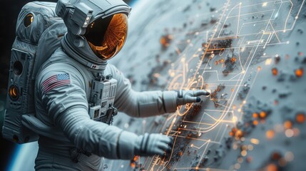 Poster - An astronaut looks at rocket construction drawing.
