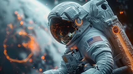 Poster - An astronaut looks at rocket construction drawing.