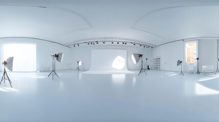 Poster - 360 degree panorama view.A bright, white studio, shown in a 3D image with realistic lighting and reflections.