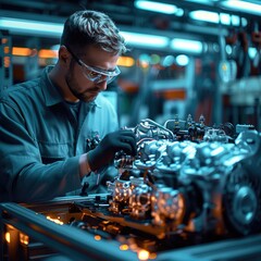 Leinwandbilder - A modern mechanic working on a vehicle engine in a well-equipped automotive workshop. The mechanic, a skilled individual wearing a jumpsuit and safety glasses, is focused on the engine.