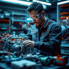Leinwandbilder - A modern mechanic working on a vehicle engine in a well-equipped automotive workshop. The mechanic, a skilled individual wearing a jumpsuit and safety glasses, is focused on the engine.