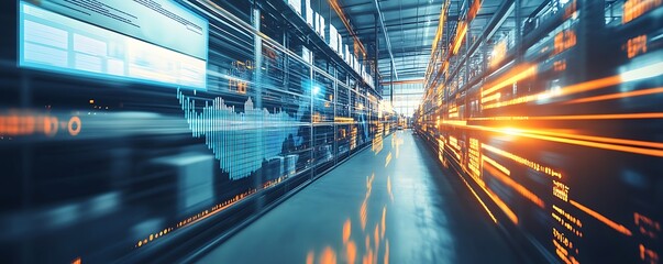 Poster - A digital warehouse scene showcasing technology and data visualization.