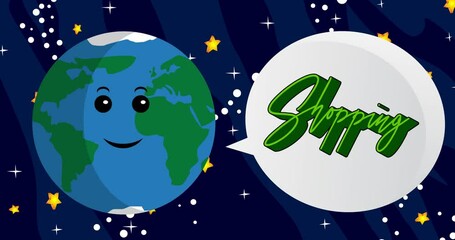 Poster - Moving Planet Earth and Moon with Shopping Text. Cartoon animated space, cosmos on the background.