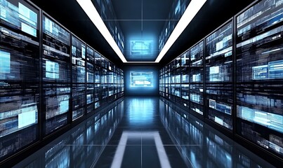 Poster - A futuristic data center hallway with glowing screens and reflective surfaces.