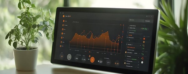 Poster - A digital display showing data analytics with a plant in the foreground.