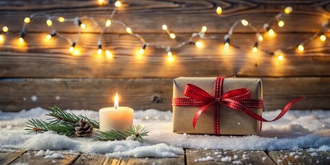 Wall Mural - A Festive Winter Scene with a Lit Candle and Wrapped Gift on Snowy Wooden Surface